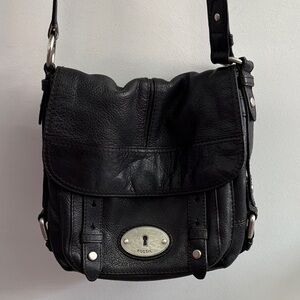 Fossil Black Leather Shoulder Bag with Silver Hardware